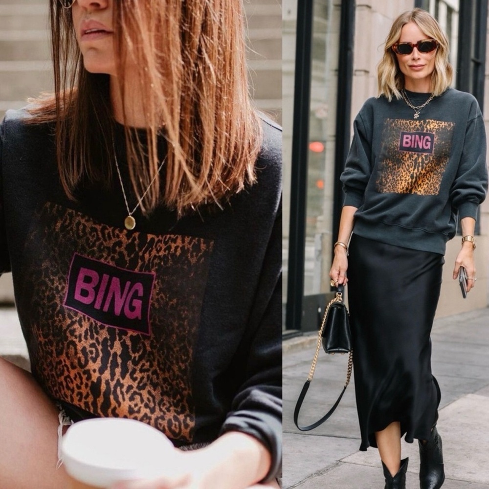 ANINE BING Ramona Leopard Graphic Distressed Sweatshirt Black Pink RARE